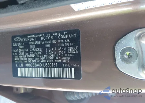 2017 Hyundai Tucson Se Plus z USA, uszkodzony, nr VIN KM8J33A40HU530161